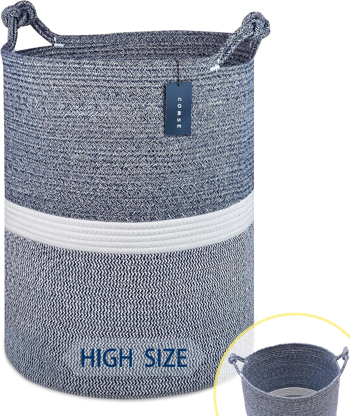 Tall Woven Blanket & Laundry Basket, 72L, Blend White & Navy Blue