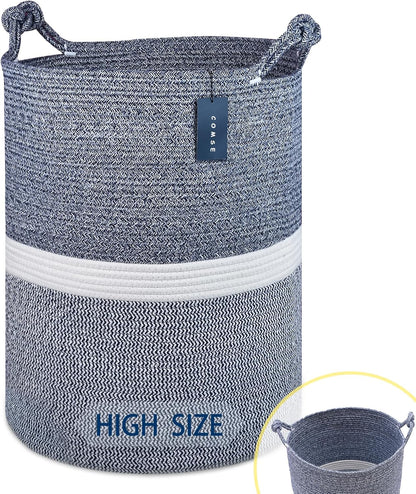 Tall Woven Blanket & Laundry Basket, 72L, Blend White & Navy Blue
