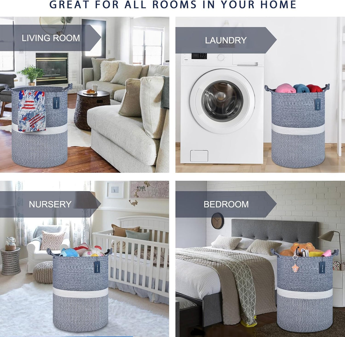 Tall Woven Blanket & Laundry Basket, 72L, Blend White & Navy Blue