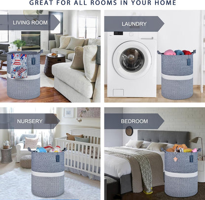 Tall Woven Blanket & Laundry Basket, 72L, Blend White & Navy Blue