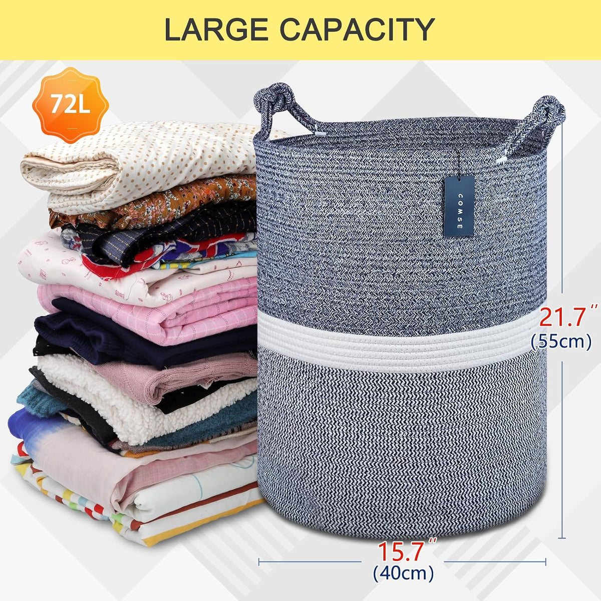 Tall Woven Blanket & Laundry Basket, 72L, Blend White & Navy Blue