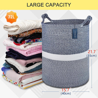 Tall Woven Blanket & Laundry Basket, 72L, Blend White & Navy Blue