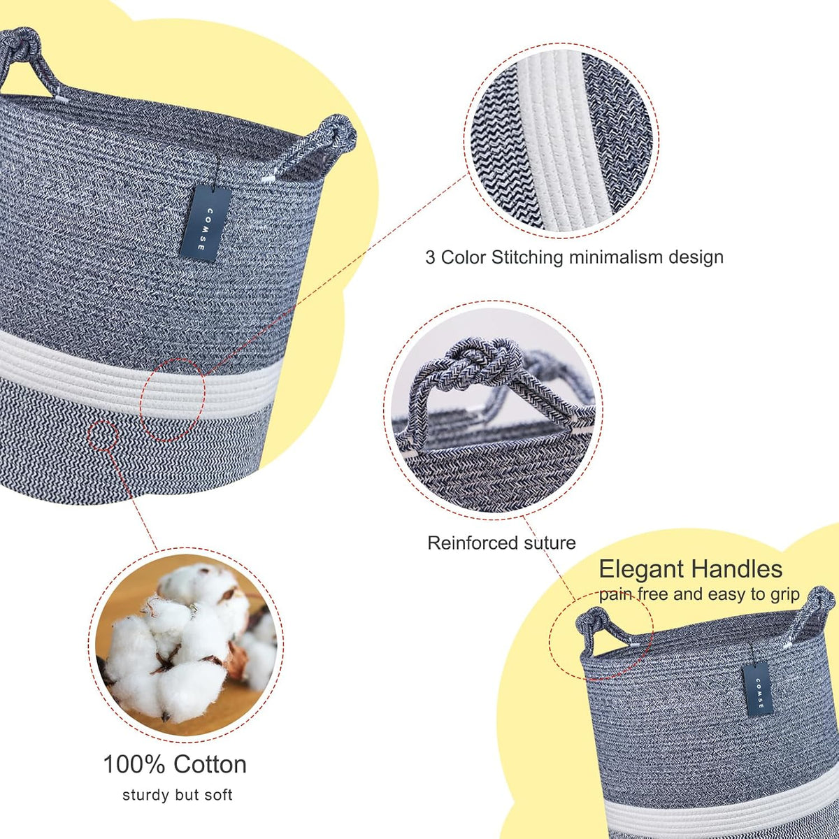 Tall Woven Blanket & Laundry Basket, 72L, Blend White & Navy Blue