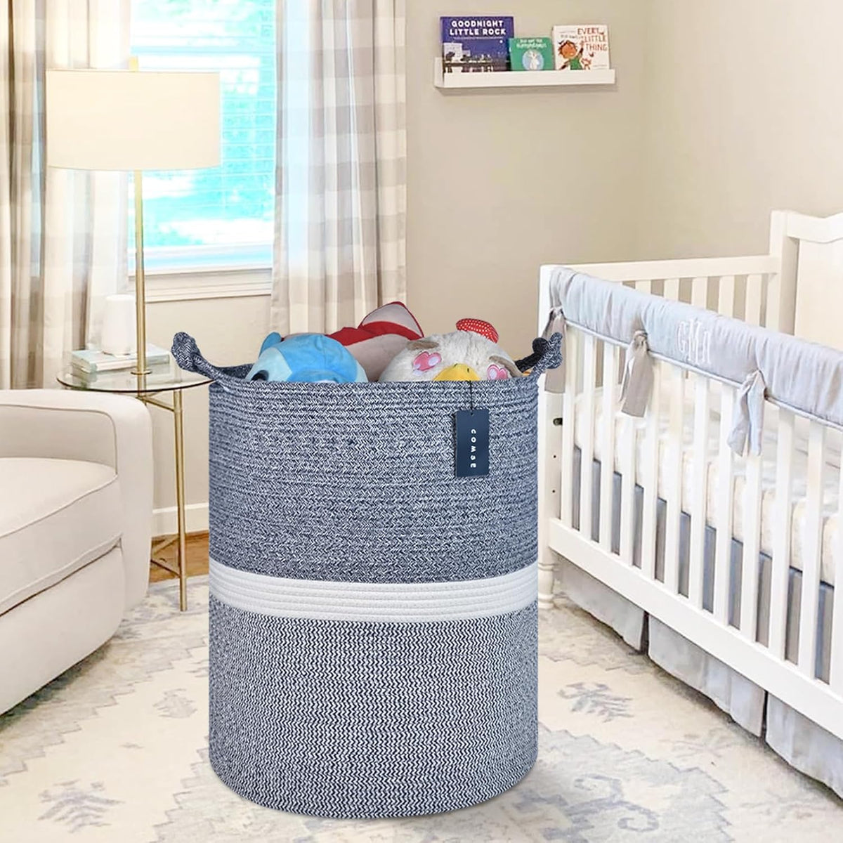 Tall Woven Blanket & Laundry Basket, 72L, Blend White & Navy Blue