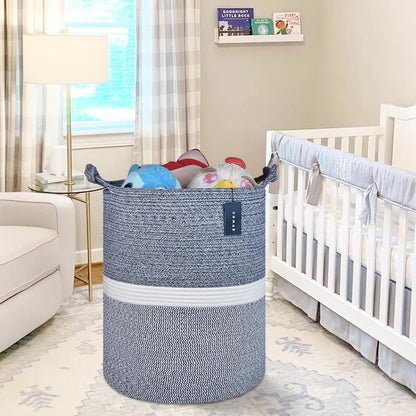 Tall Woven Blanket & Laundry Basket, 72L, Blend White & Navy Blue