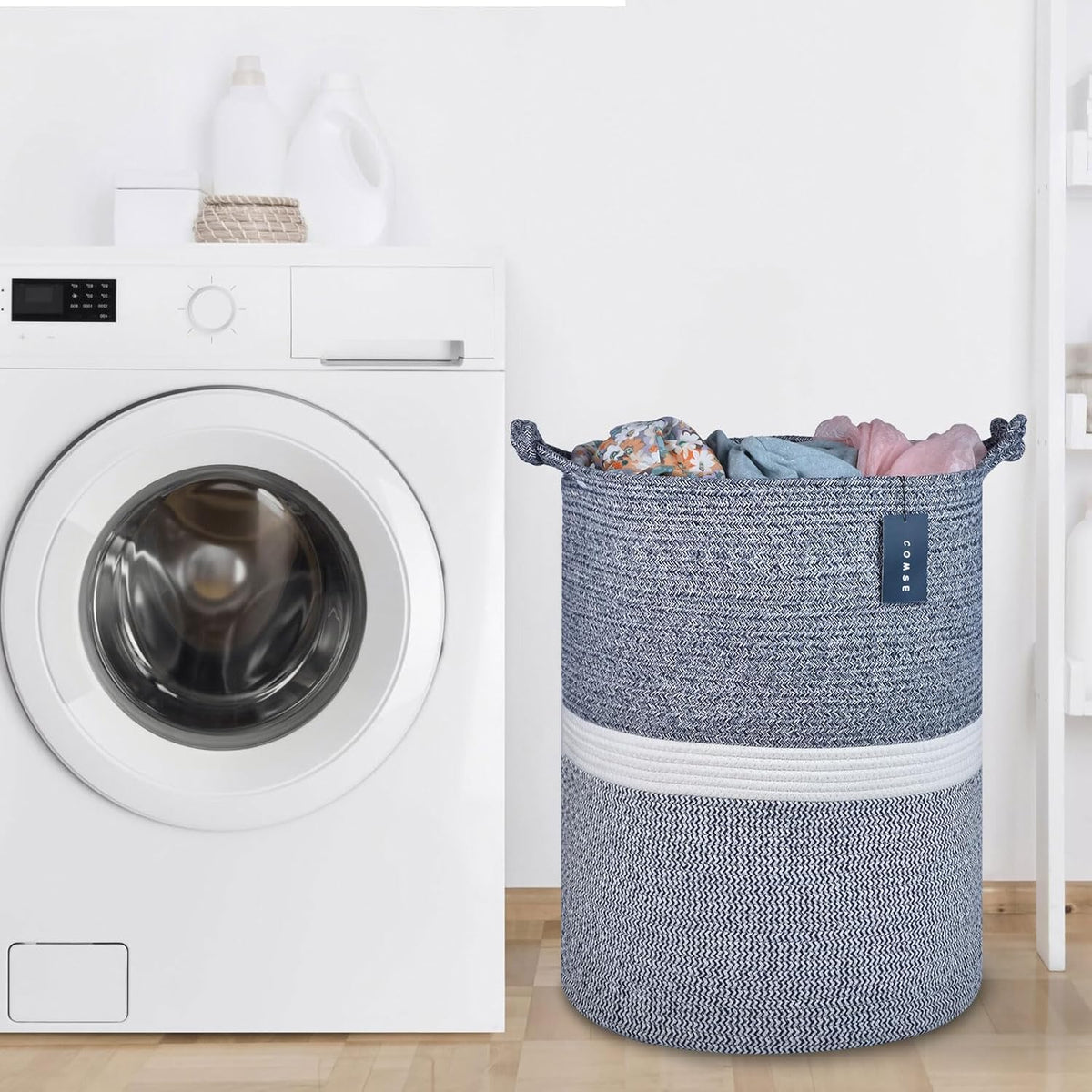Tall Woven Blanket & Laundry Basket, 72L, Blend White & Navy Blue
