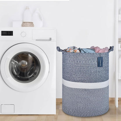 Tall Woven Blanket & Laundry Basket, 72L, Blend White & Navy Blue