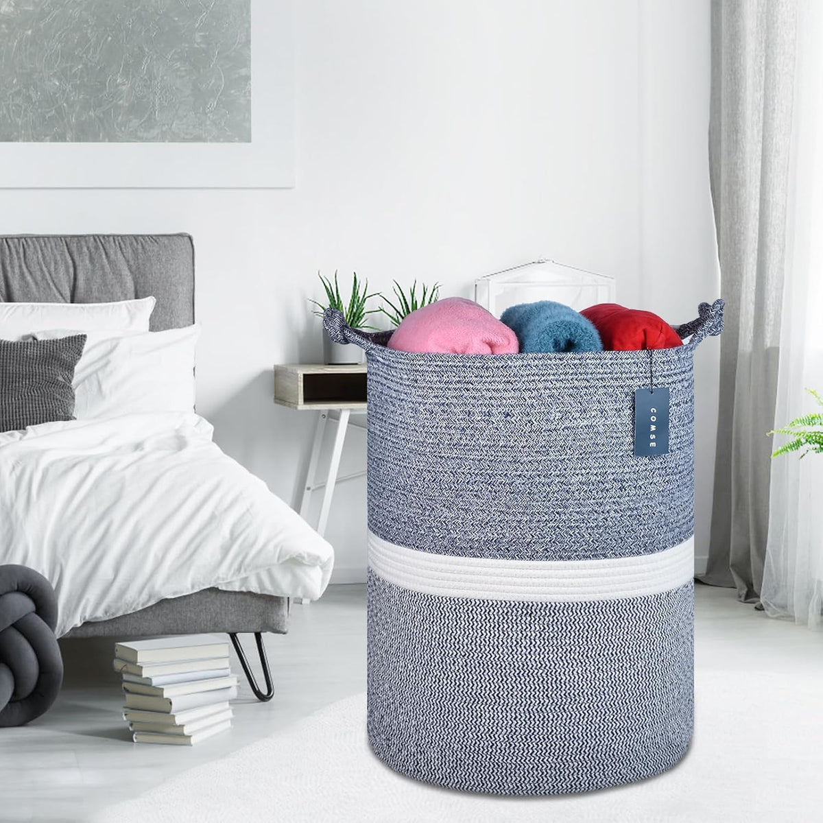 Tall Woven Blanket & Laundry Basket, 72L, Blend White & Navy Blue