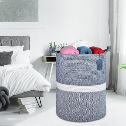 Tall Woven Blanket & Laundry Basket, 72L, Blend White & Navy Blue