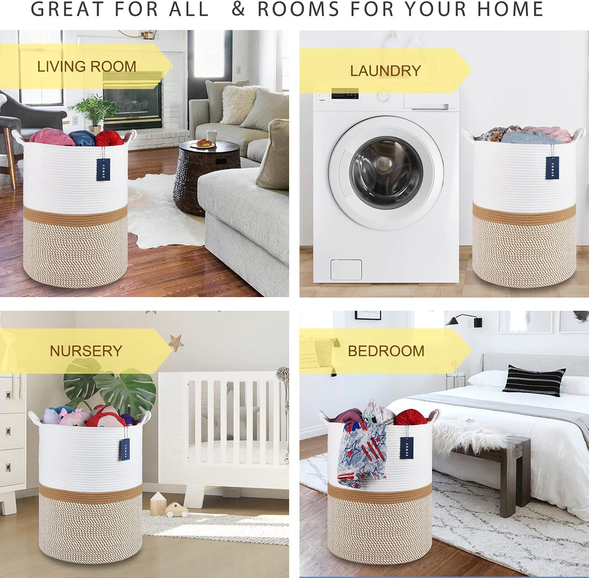Tall Woven Blanket & Laundry Basket, 72L, Blend White & Navy Blue