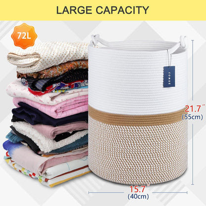 Tall Woven Blanket & Laundry Basket, 72L, Blend White & Navy Blue