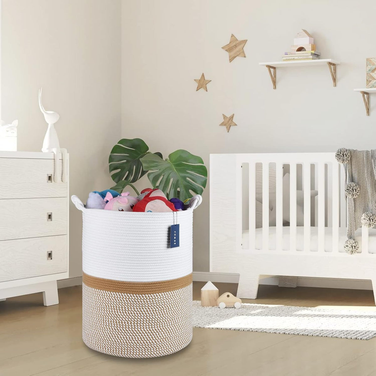 Tall Woven Blanket & Laundry Basket, 72L, Blend White & Navy Blue