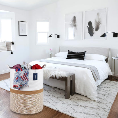 Tall Woven Blanket & Laundry Basket, 72L, Blend White & Navy Blue
