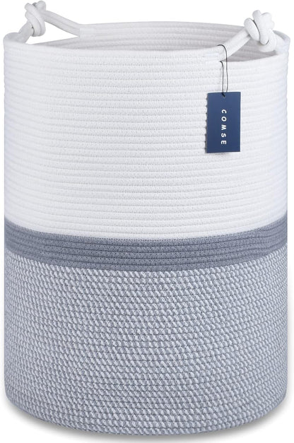 Tall Woven Blanket & Laundry Basket, 72L, Blend White & Navy Blue