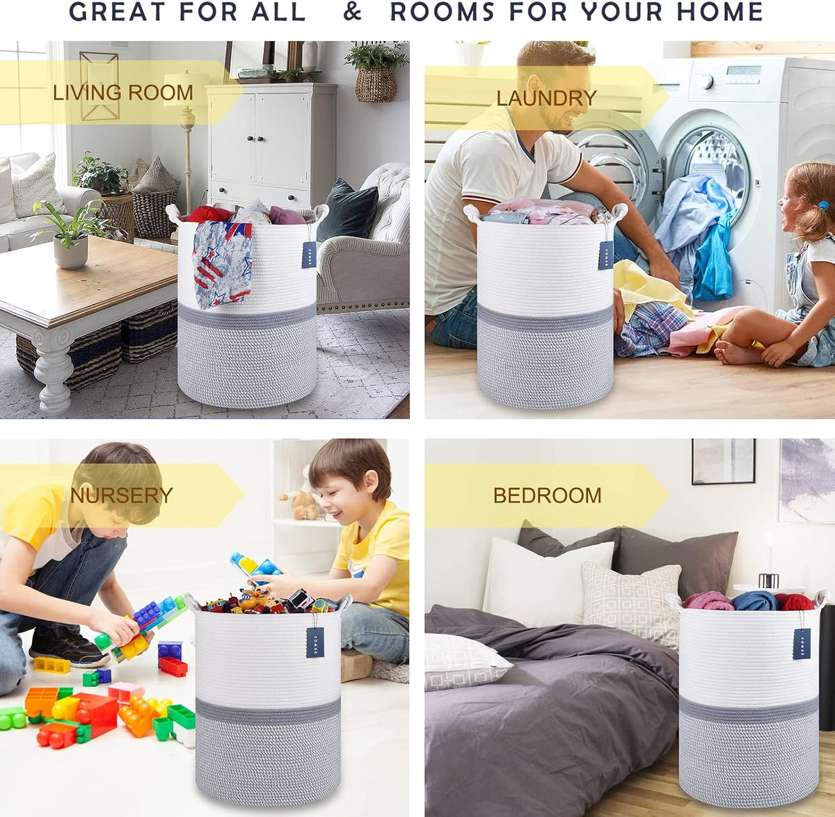 Tall Woven Blanket & Laundry Basket, 72L, Blend White & Navy Blue