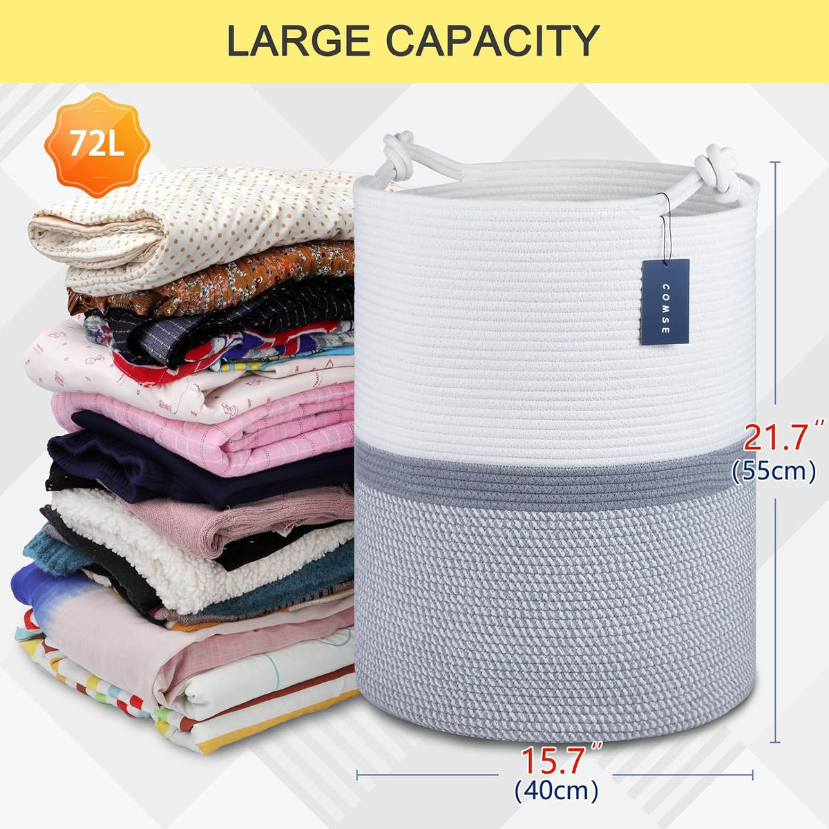 Tall Woven Blanket & Laundry Basket, 72L, Blend White & Navy Blue