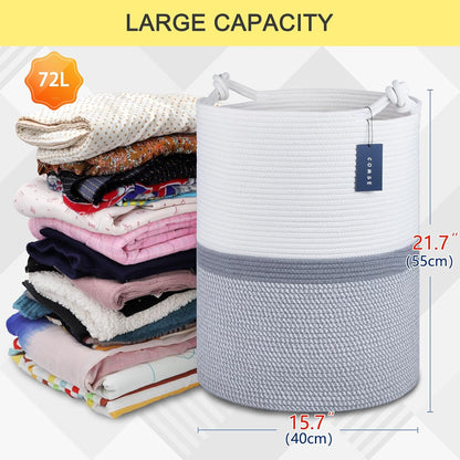 Tall Woven Blanket & Laundry Basket, 72L, Blend White & Navy Blue