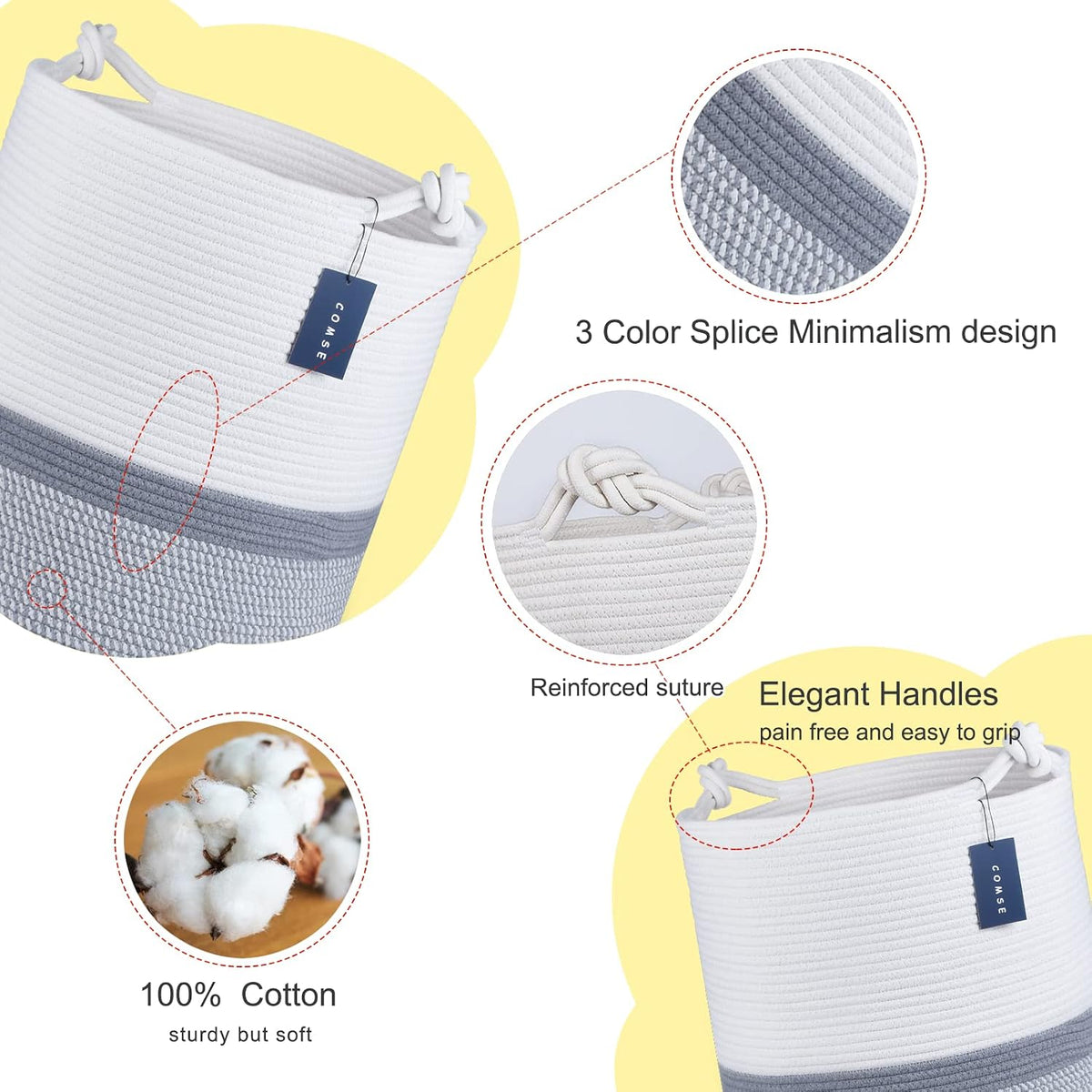 Tall Woven Blanket & Laundry Basket, 72L, Blend White & Navy Blue
