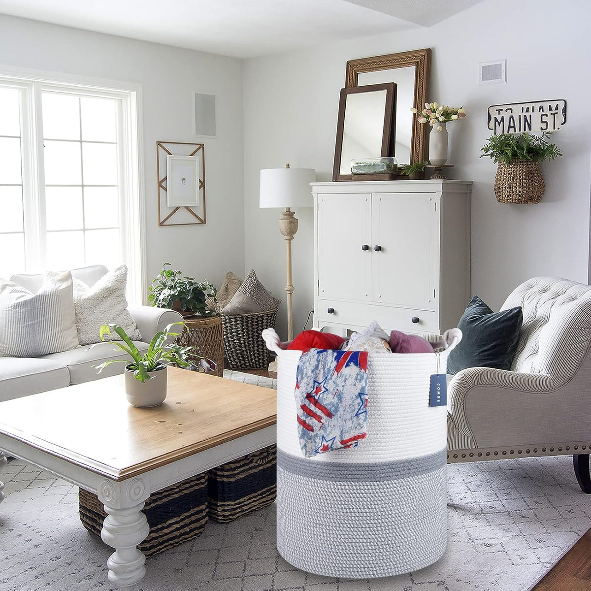 Tall Woven Blanket & Laundry Basket, 72L, Blend White & Navy Blue
