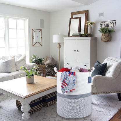 Tall Woven Blanket & Laundry Basket, 72L, Blend White & Navy Blue