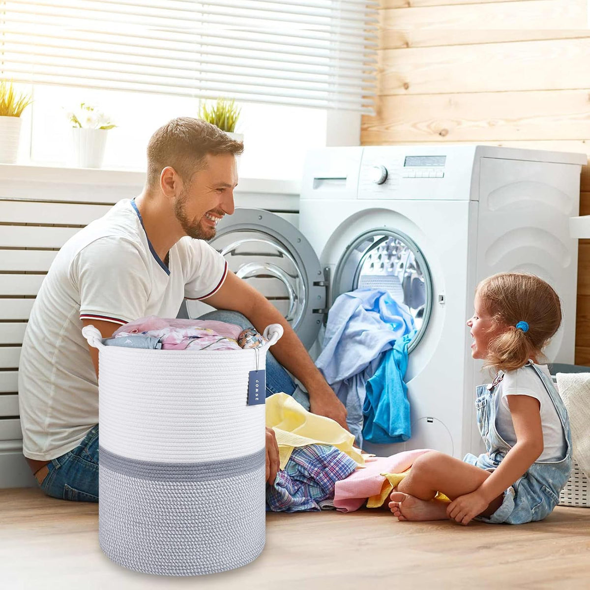 Tall Woven Blanket & Laundry Basket, 72L, Blend White & Navy Blue