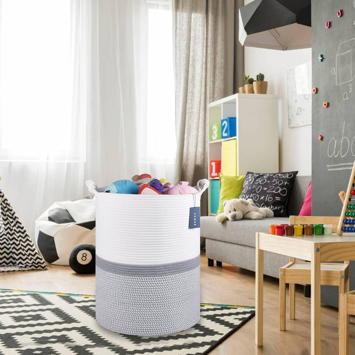 Tall Woven Blanket & Laundry Basket, 72L, Blend White & Navy Blue