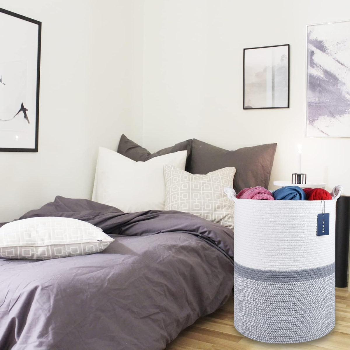 Tall Woven Blanket & Laundry Basket, 72L, Blend White & Navy Blue
