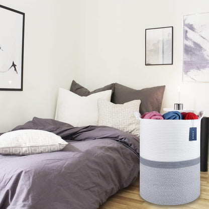Tall Woven Blanket & Laundry Basket, 72L, Blend White & Navy Blue