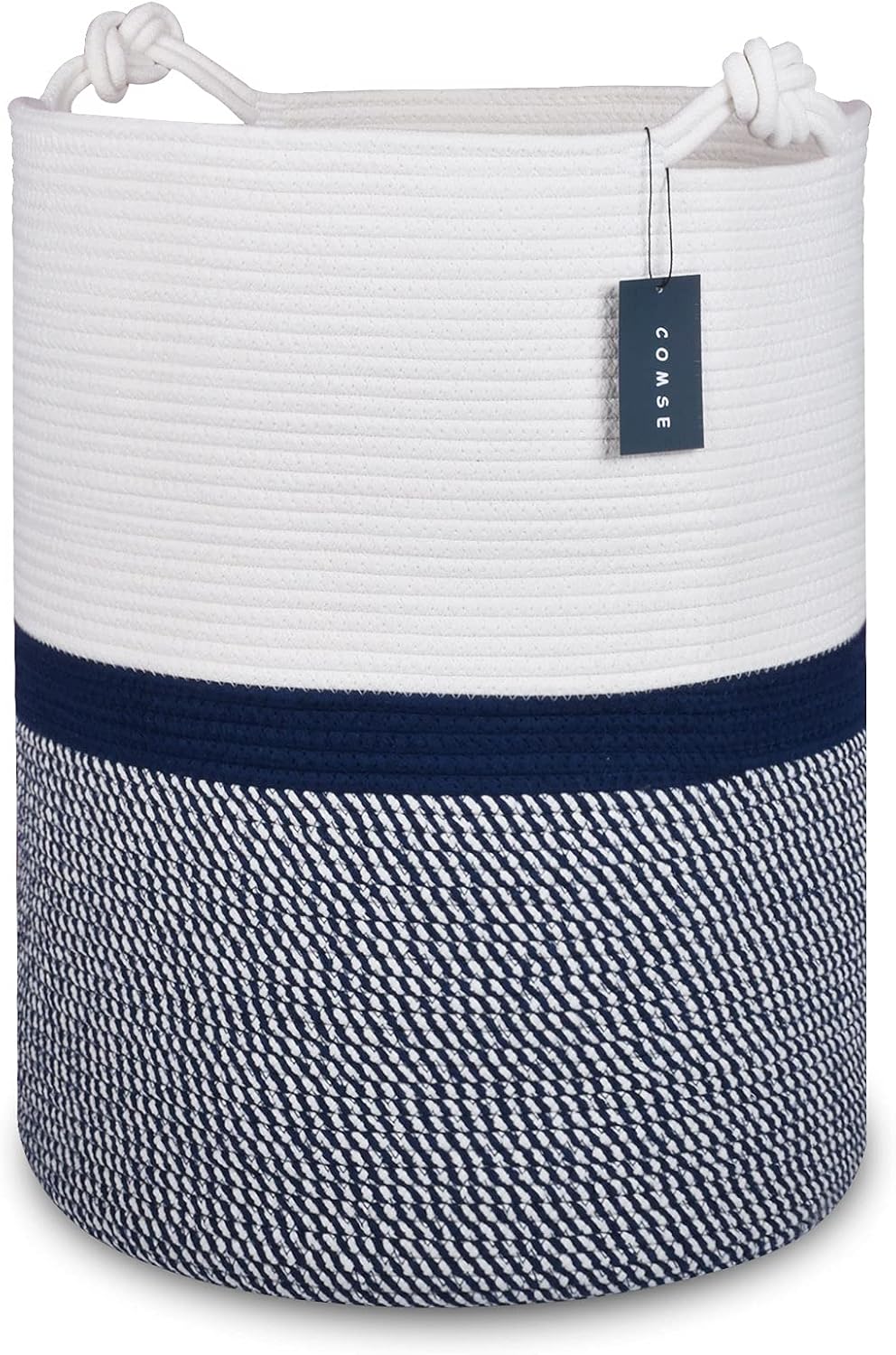 Tall Woven Blanket & Laundry Basket, 72L, Blend White & Navy Blue