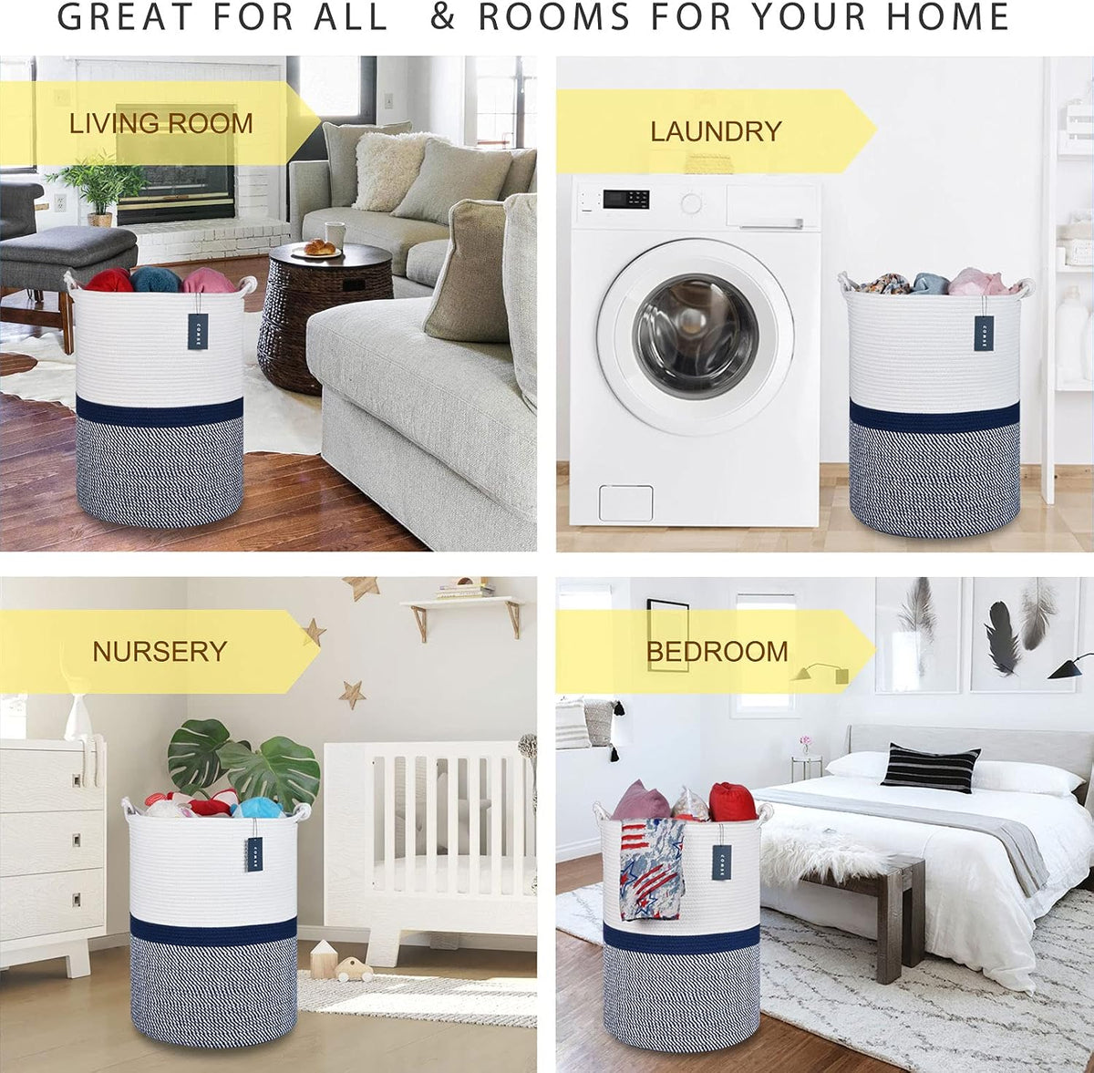 Tall Woven Blanket & Laundry Basket, 72L, Blend White & Navy Blue