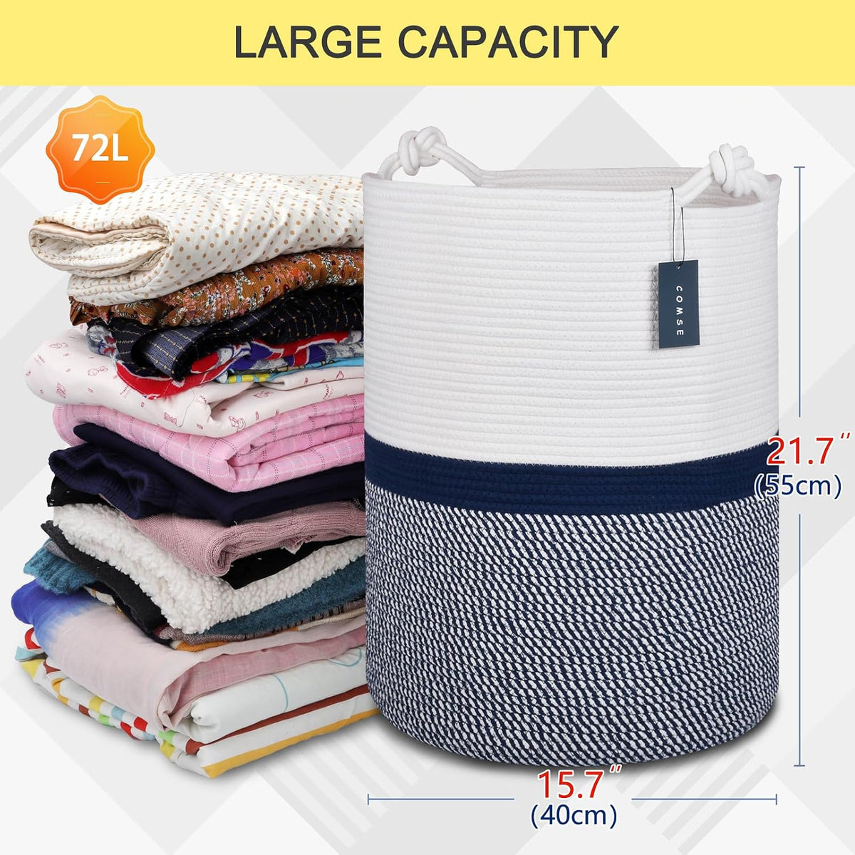 Tall Woven Blanket & Laundry Basket, 72L, Blend White & Navy Blue