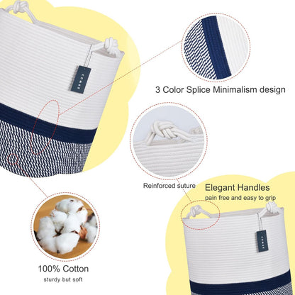 Tall Woven Blanket & Laundry Basket, 72L, Blend White & Navy Blue