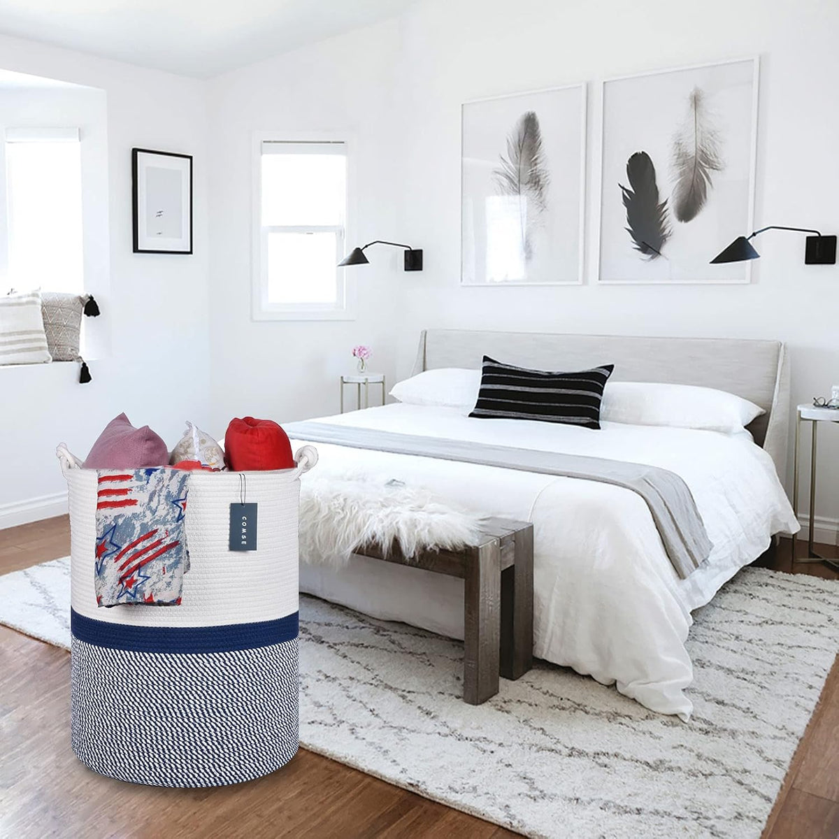 Tall Woven Blanket & Laundry Basket, 72L, Blend White & Navy Blue