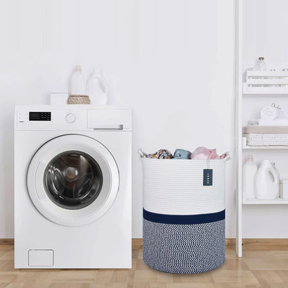 Tall Woven Blanket & Laundry Basket, 72L, Blend White & Navy Blue