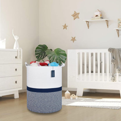 Tall Woven Blanket & Laundry Basket, 72L, Blend White & Navy Blue