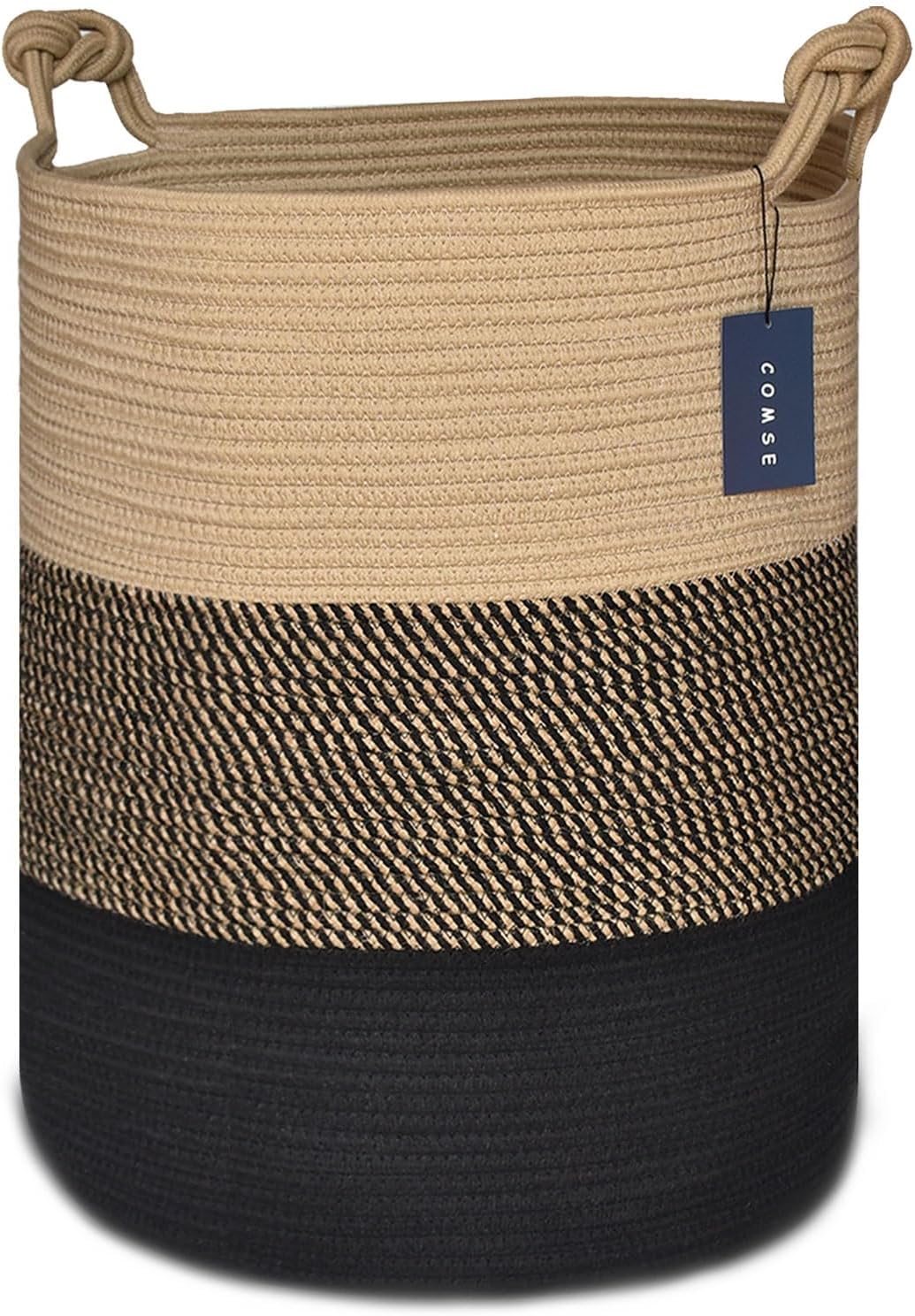 Tall Woven Blanket & Laundry Basket, 72L, Blend White & Navy Blue