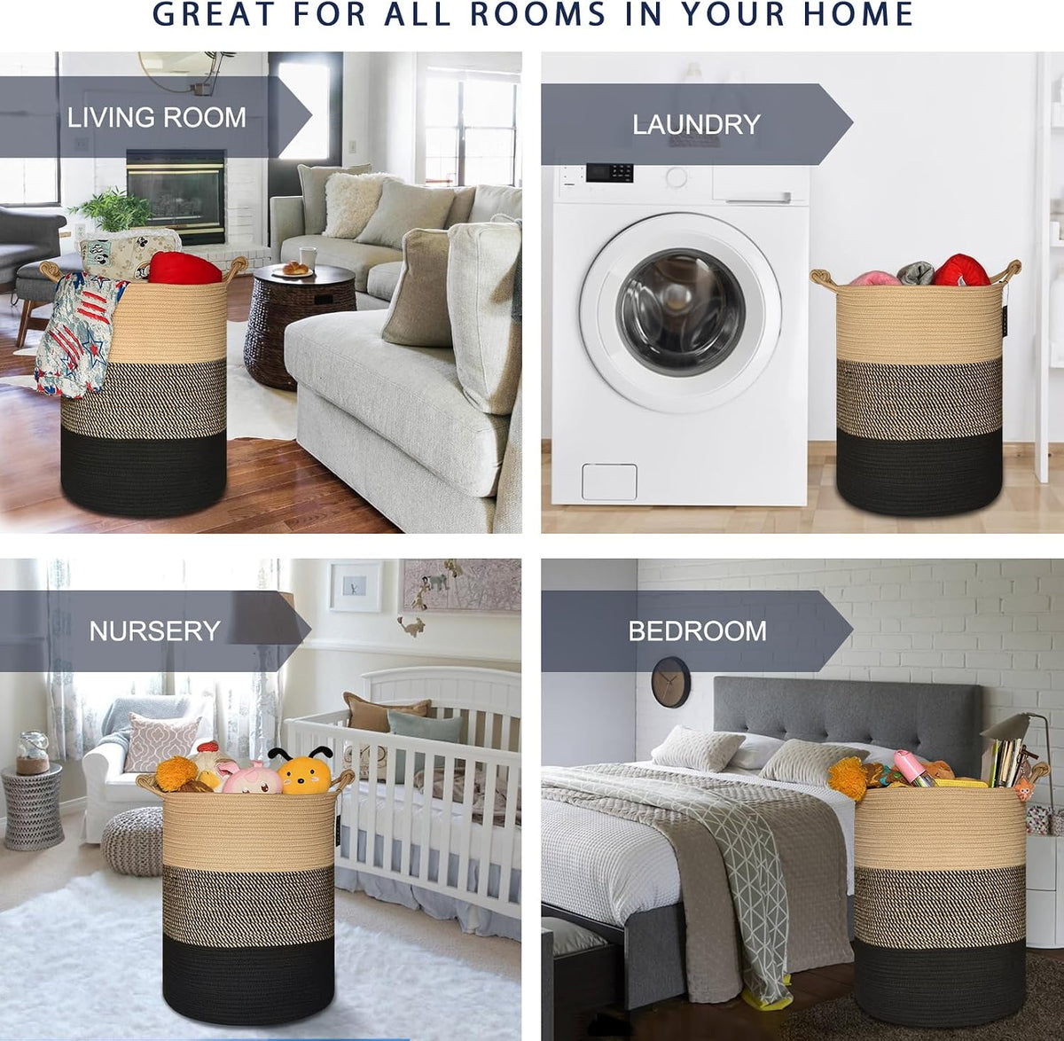 Tall Woven Blanket & Laundry Basket, 72L, Blend White & Navy Blue