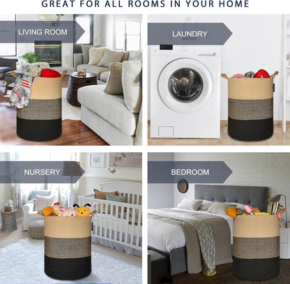 Tall Woven Blanket & Laundry Basket, 72L, Blend White & Navy Blue