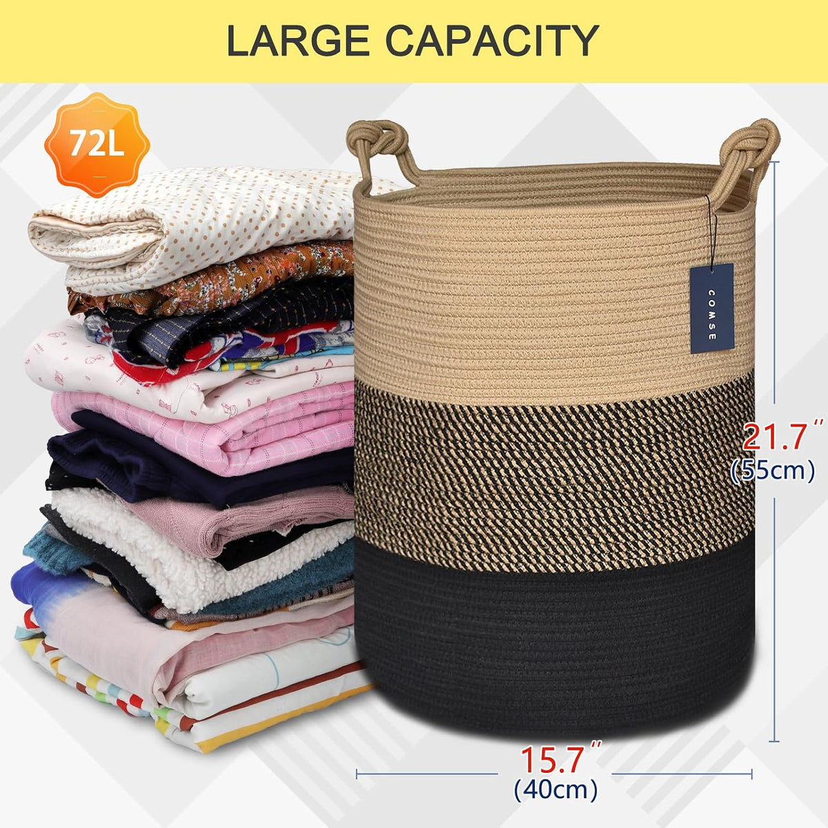 Tall Woven Blanket & Laundry Basket, 72L, Blend White & Navy Blue