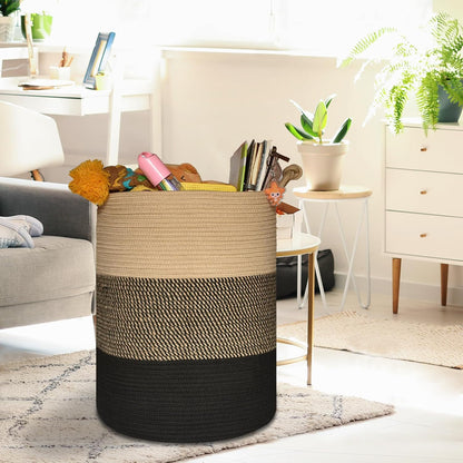 Tall Woven Blanket & Laundry Basket, 72L, Blend White & Navy Blue