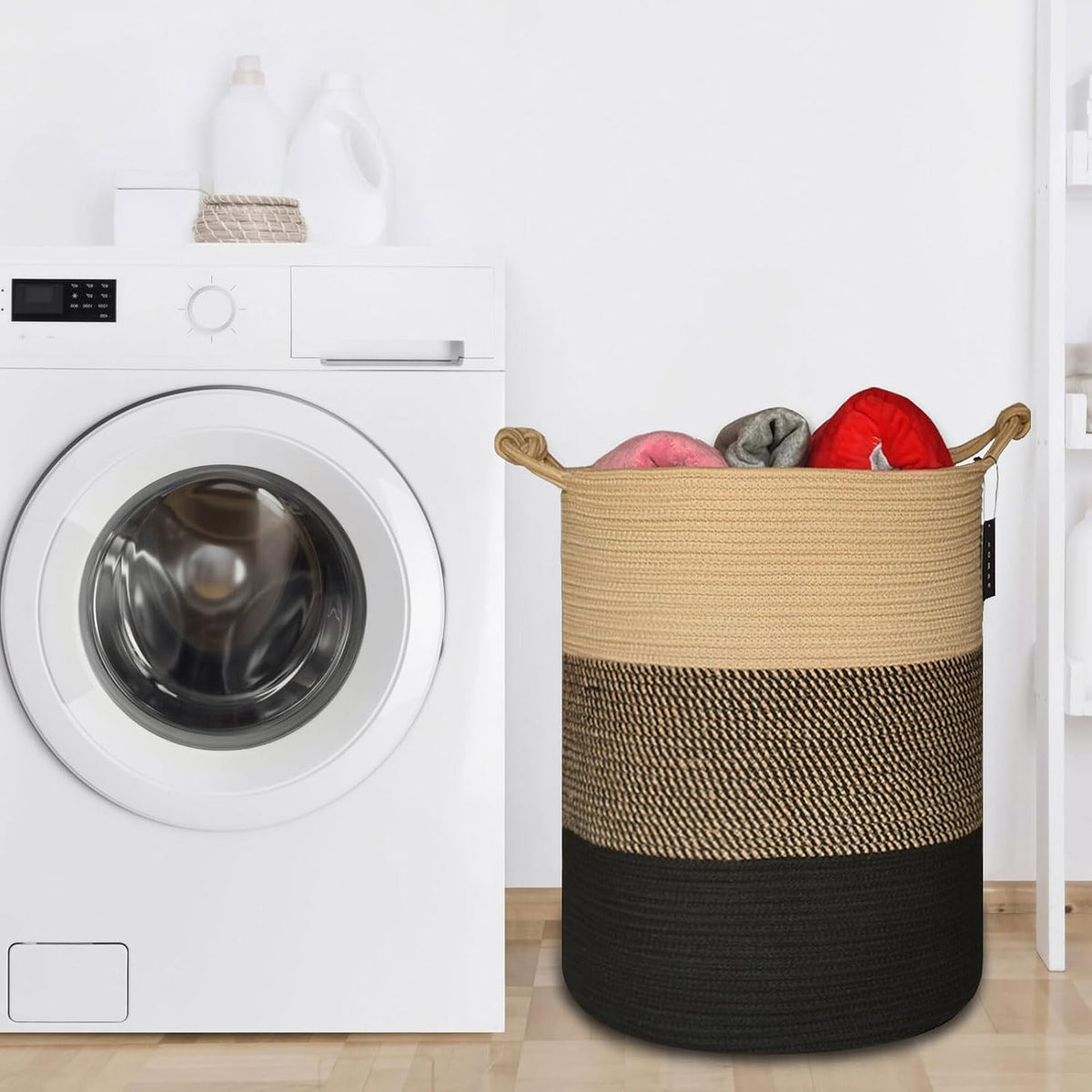 Tall Woven Blanket & Laundry Basket, 72L, Blend White & Navy Blue