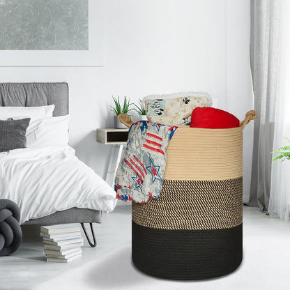 Tall Woven Blanket & Laundry Basket, 72L, Blend White & Navy Blue