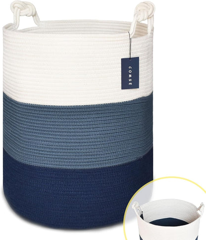 Tall Woven Blanket & Laundry Basket, 72L, Blend White & Navy Blue