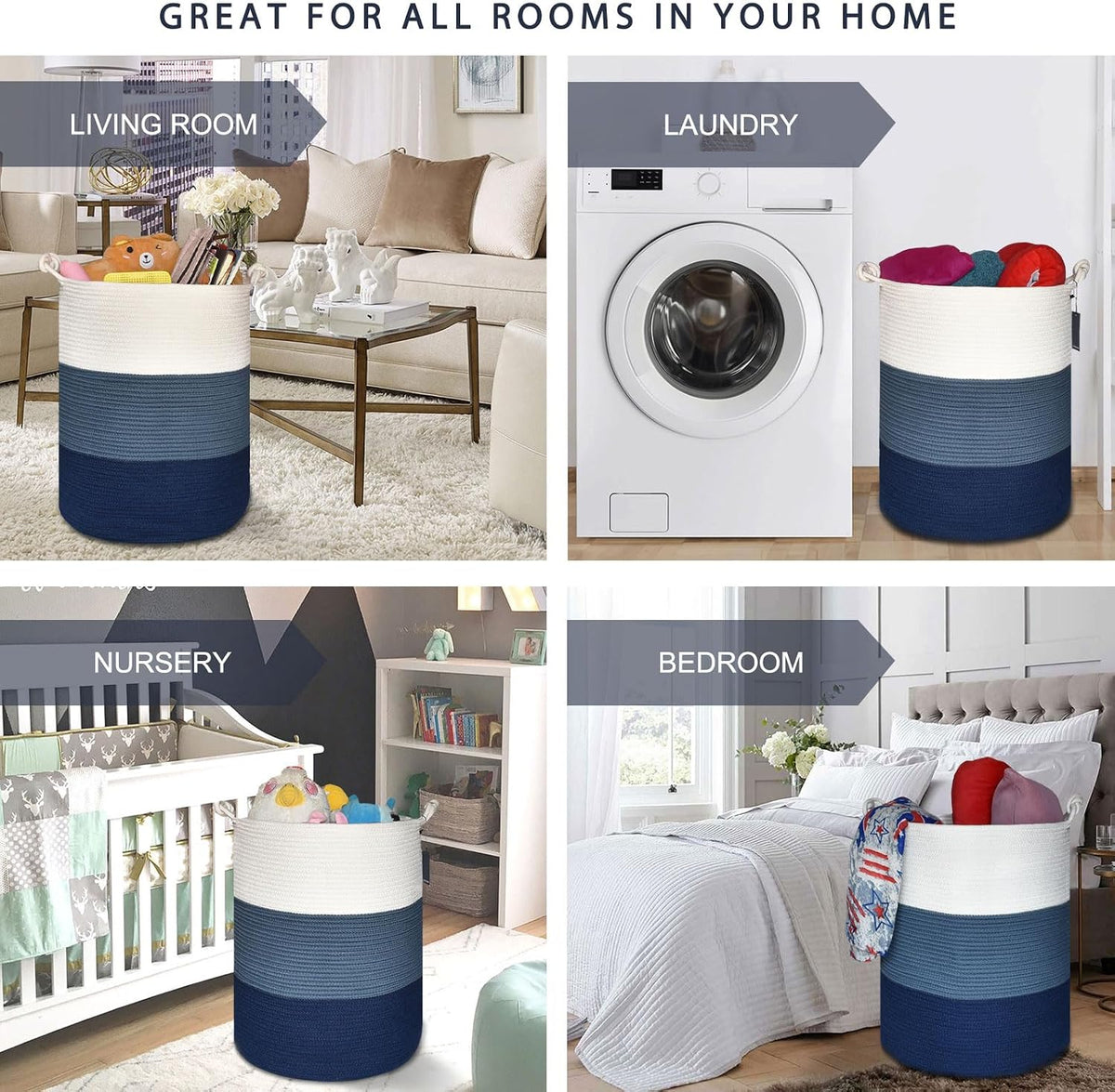 Tall Woven Blanket & Laundry Basket, 72L, Blend White & Navy Blue