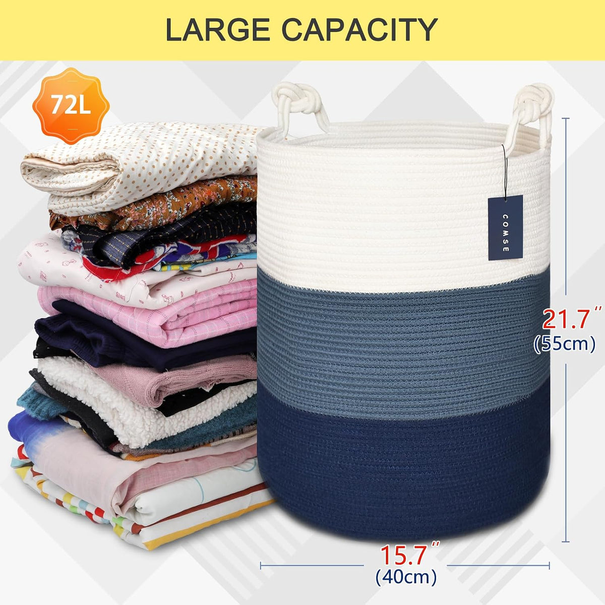 Tall Woven Blanket & Laundry Basket, 72L, Blend White & Navy Blue