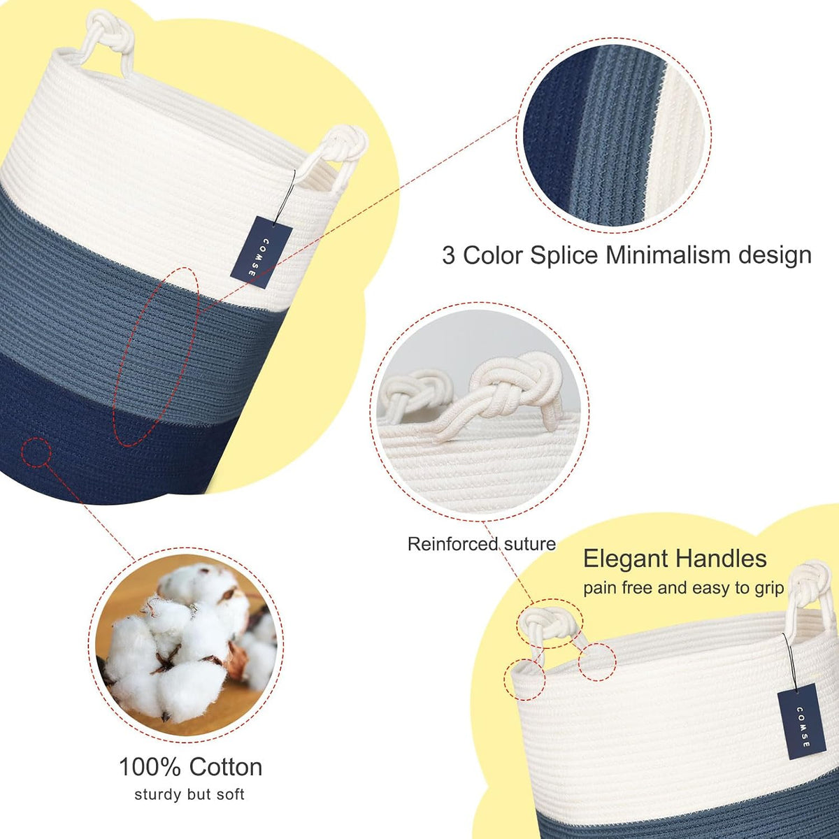 Tall Woven Blanket & Laundry Basket, 72L, Blend White & Navy Blue