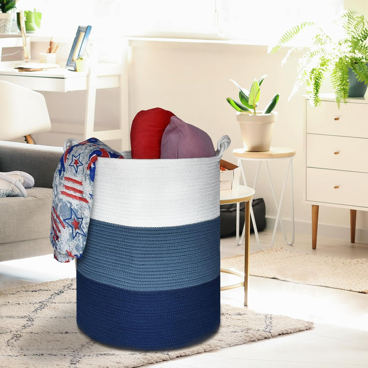 Tall Woven Blanket & Laundry Basket, 72L, Blend White & Navy Blue