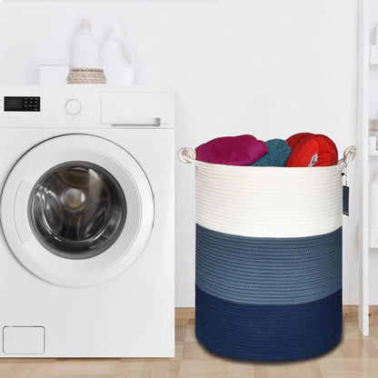 Tall Woven Blanket & Laundry Basket, 72L, Blend White & Navy Blue