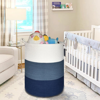 Tall Woven Blanket & Laundry Basket, 72L, Blend White & Navy Blue