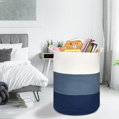 Tall Woven Blanket & Laundry Basket, 72L, Blend White & Navy Blue